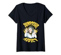 Femme Jumpscare Addict - Fan de Film d'horreur Pop Art rétro T-Shirt avec Col en V