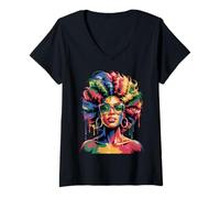 Femme Juneteenth Black Woman Queen Afro African Melanin Dripping T-Shirt avec Col en V