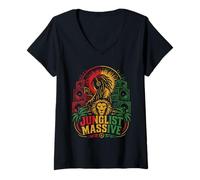 Femme Junglist Massive Lion DJ Jungle Rasta Basse de Batterie T-Shirt avec Col en V
