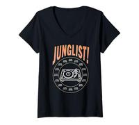 Femme Junglist Music Drum and Bass Dance Rave DJ Plateau tournant T-Shirt avec Col en V