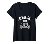 Femme Junglist Music Drum and Bass Dance Rave Jungle DJ Platine T-Shirt avec Col en V
