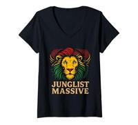 Femme Junglist Tête de Lion Massive Tambour et Basse Motif Rave T-Shirt avec Col en V