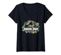 Femme Jurassic Park Floral Tropical Fossil Logo T-Shirt avec Col en V