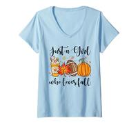 Femme Just A Girl Who Loves Fall Football Citrouille Feuille d'automne T-Shirt avec Col en V