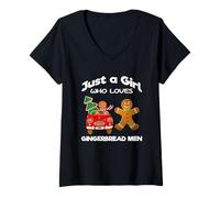 Femme Just a Girl Who Loves Gingerbread Men Illustration Graphic T-Shirt avec Col en V