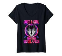 Femme Just a Girl Who Loves Wolves Galaxy Space Wolf Lover T-Shirt avec Col en V