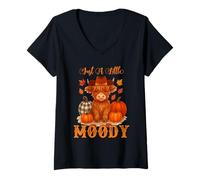Femme Just A Little Moody Fall Cow Thanksgiving Autumn Vibes Fall T-Shirt avec Col en V