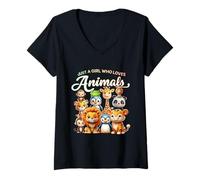 Femme Just Girl Who Loves Animals Wild Safari Animaux Mignons du Zoo T-Shirt avec Col en V