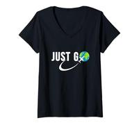 Femme Just Go Travel Addict Globe Avion World Solo Traveler T-Shirt avec Col en V