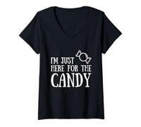 Femme Just Here For The Candy Sweets Halloween Trick Treat T-Shirt avec Col en V