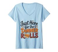 Femme Just Here for The Dinner Rolls Thanksgiving Autumn Leaf T-Shirt avec Col en V