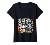 Femme Just Here for The Dinner Rolls Thanksgiving Autumn Leaf T-Shirt avec Col en V