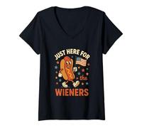 Femme Just Here for The Wieners Hot Dog Rétro Parade Américain BBQ T-Shirt avec Col en V