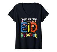 Femme Just Here to Say Eid Mubarak Fête Islamique Musulmane T-Shirt avec Col en V