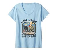 Femme Just Living The Dream Skeleton Working Remote Beach Life T-Shirt avec Col en V