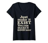 Femme Just Make It Exist Bold Cream Vintage Typographie T-Shirt avec Col en V