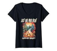 Femme Just One More Night Thérapie feu de Camp Camping Nature en Plein air T-Shirt avec Col en V