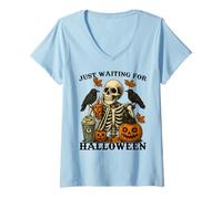 Femme Just Waiting for Halloween Squelette Coffee Jack Or Lantern T-Shirt avec Col en V