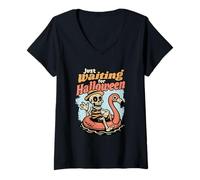 Femme Just Waiting for Halloween - Squelette drôle d'été Halloween T-Shirt avec Col en V