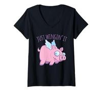 Femme Just Wingin' It Derpy Flying Pig T-Shirt avec Col en V