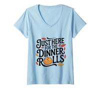Femme Juste là pour Le dîner, Petits Pains, Jolies Feuilles d'automne pour Thanksgiving T-Shirt avec Col en V