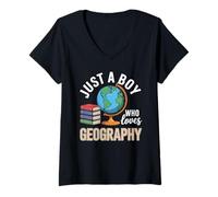 Femme Juste Un garçon Qui Aime la géographie et Les Sciences sociales T-Shirt avec Col en V