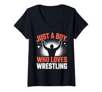 Femme Juste Un garçon Qui Aime la Lutte Fan Sport Wrestler T-Shirt avec Col en V