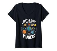 Femme Juste Un garçon Qui Aime Les planètes Kids Space Kawaii Teens Boys T-Shirt avec Col en V