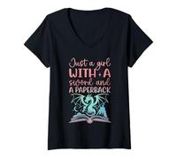 Femme Juste Une Fille avec Une épée et Un Amateur de Livres de Poche fantastiques T-Shirt avec Col en V