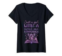Femme Juste Une Fille avec Une épée et Un Amateur de Livres de Poche fantastiques T-Shirt avec Col en V
