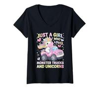 Femme Juste Une Fille Qui Aime Les camions Monstres et Les Licornes Pastel Kid T-Shirt avec Col en V