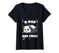 Femme K Pop and Chill Aesthetic Kpop Panda Korea T-Shirt avec Col en V
