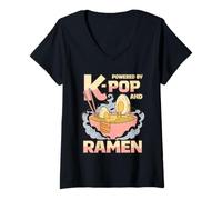 Femme K-Pop et Ramen Obsession T-Shirt avec Col en V