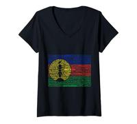 Femme Kanaky Flag Carte Nouvelle-Calédonie dans Les Langues du Monde T-Shirt avec Col en V