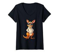 Femme Kangourou Dessin animé avec Veste Claire et Lunettes T-Shirt avec Col en V