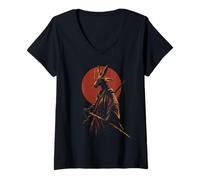 Femme Kangourou Samouraï Amusant Amant des Animaux Japonais T-Shirt avec Col en V