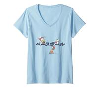 Femme Kanji de Baseball rétro Peanuts Tokyo Snoopy Charlie Brown Lucy T-Shirt avec Col en V