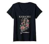 Femme Karaoké Queen Singer Microphone Vintage Fleurs Chanteur T-Shirt avec Col en V