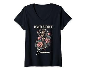 Femme Karaoké Queen Singer Microphone Vintage Fleurs Chanteur T-Shirt avec Col en V