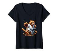 Femme Karaté Bear Breaking Boards Arts Martiaux Kick T-Shirt avec Col en V