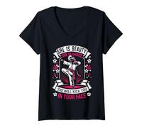 Femme Karaté She is Beauty She is Grace Kick Your Face T-Shirt avec Col en V