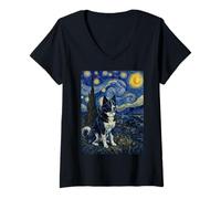 Femme Karelian Bear Dog Van Gogh Nuit étoilée T-Shirt avec Col en V