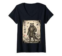 Femme Katana Samurai Raton Laveur Warrior Art Japonais Poubelle Panda T-Shirt avec Col en V