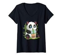 Femme Kawaii Anime mignon Panda Otaku Thé japonais Bubble Boba T-Shirt avec Col en V
