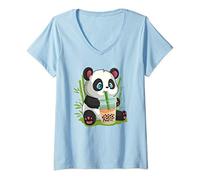 Femme Kawaii Anime mignon Panda Otaku Thé japonais Bubble Boba T-Shirt avec Col en V