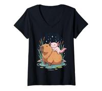 Femme Kawaii Axolotl Riding Capybara Starry Nights Outdoors T-Shirt avec Col en V