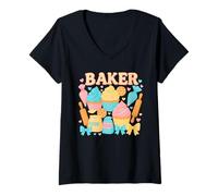 Femme Kawaii Baker Cupcake Coquette avec farine et nœuds T-Shirt avec Col en V