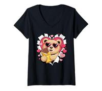 Femme Kawaii Bear Chocolate Lover Hearts T-Shirt avec Col en V
