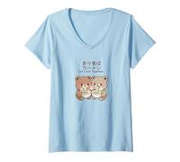 Femme Kawaii Bear Cubs Let's Eat Together Motif Nouilles japonaises T-Shirt avec Col en V