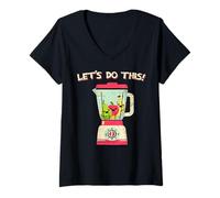 Femme Kawaii Blender Fruit Smoothie Motivation Saine T-Shirt avec Col en V